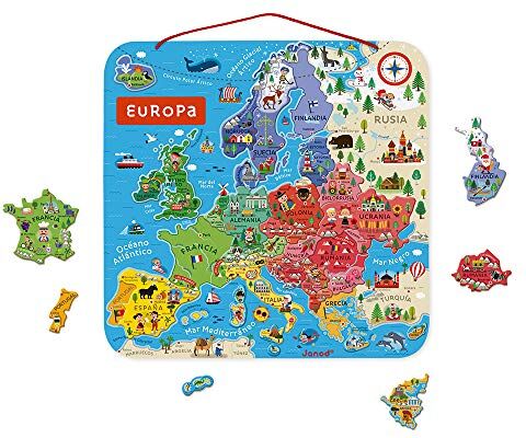 Janod Carta dell’ Europa Magnetica in Legno 40 Calamite Puzzle Didattico per Scoprire La Geografia, da Appendere Al Muro con Graziose Illustrazioni Versione Spanola Da 7 a 12 Anni,