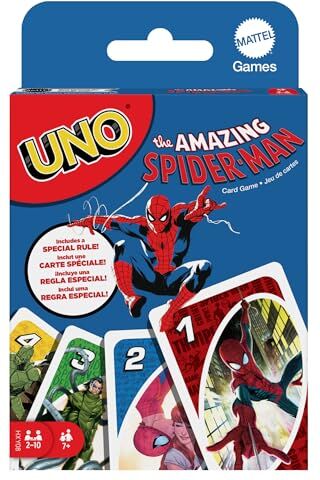 Mattel UNO The Amazing Spiderman, l'iconico gioco di carte per tutta la famiglia in un'edizione speciale, carte ispirate alla serie a fumetti Marvel e regola nuova, giocattolo per bambini, 7+ anni,