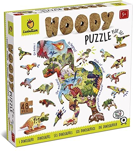 Ludattica Woody puzzle Dinosauri Puzzle 48 pezzi in legno bambini 5+ Due giochi in uno Made in Italy