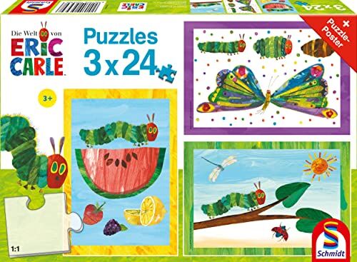 Schmidt Spiele - Piccolo Bruco Molto Affamato e Farfalla 3 x 24 Pezzi Puzzle per Bambini, Colore Colorato,