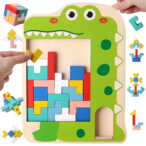LEcylankEr Puzzle in Legno Tetris Tangram per Bambini, Puzzle Giochi Montessori 3 in 1 per Bambini 3-7 Anni, Puzzle 3D in Legno, Regali di Giocattoli Educativi per Bambini Bambina (Coccodrillo)