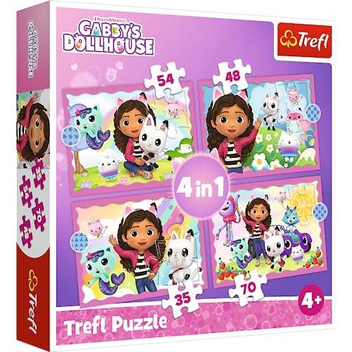 Trefl 4 in 1, 35 a 70 Pezzi Personaggi Delle Fiabe, Casa Del Gatto, Livelli di Difficoltà, per Bambini dai 4 Anni di Età Puzzle, Colore Gabby's Dollhouse, le Avventure di Gabi, taglia unica,