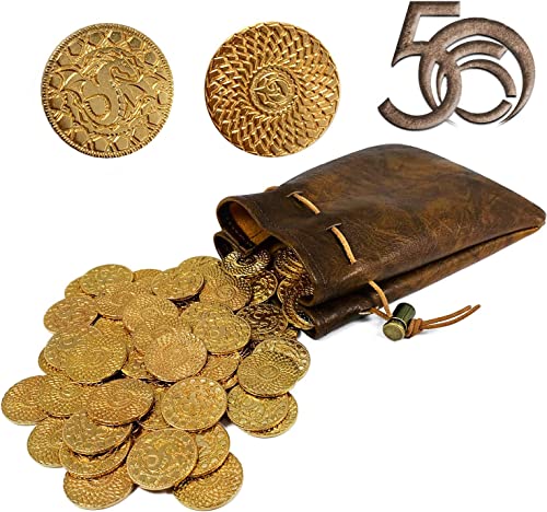 Byhoo 50 Monete d'oro DND Fantasy Metal e Custodia in Pelle per DND novità Giochi di Ruolo da Tavolo Giochi da Tavolo Token Treasure Coins for Games