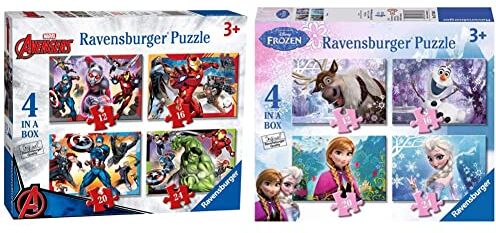 Ravensburger Puzzle, Marvel Avengers, 4 Puzzle in a Box, 12-16-20-24 Pezzi, Puzzle per Bambini, Puzzle Marvel, 3+ Anni & Puzzle Disney Frozen, Collezione 4 in a Box, 3+ Anni