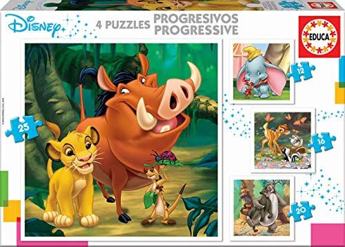 Educa Puzzle progressivi di cartone per bambini   Disney Animals Dumbo, Bambi, Lion King and Jungle Book. Dimensioni: 40 x 28 cm. 4 puzzle da 12 a 25 pezzi. Da 3 anni ()