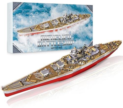 Piececool 3D Metal Puzzle Nave da Battaglia Richelieu, Modello Militare 3D Puzzle Metallo per 340 Acciaio Inossidabile, 1:1 Ripristina, Regalo di Compleanno, Modellismo da Costruire Adulti, 300 Pezzi