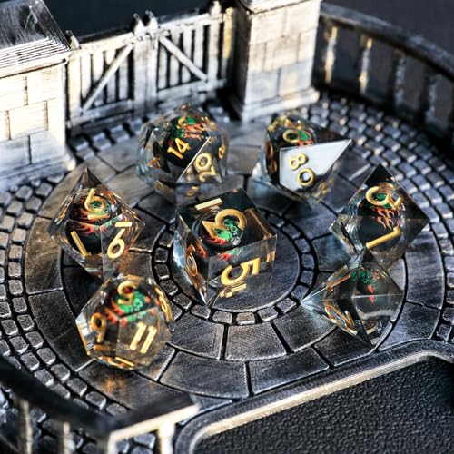 Elifel Set Dadi D&D 7 Pezzi Dragon Eye Mobili Resina Dadi da Gioco Particolari DnD con Bordi Affilati Poliedrici Dadi per Dungeon Draghi Pathfinder RPG DND MTG con Confezione Regalo