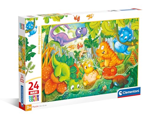 Clementoni - Supercolor Dinos Happy Oasis-24 Maxi Pezzi Bambini 3 Anni, Puzzle Dinosauri, Illustrazione, Made in Italy, Multicolore,