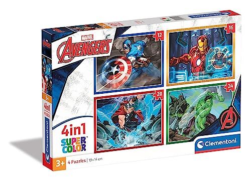 Clementoni Supercolor Marvel The Avengers-4 12,16,20 e 24 Pezzi Bambini 3 Anni, Cartoni Animati, Puzzle Supereroi-Made In Italy, Multicolore,