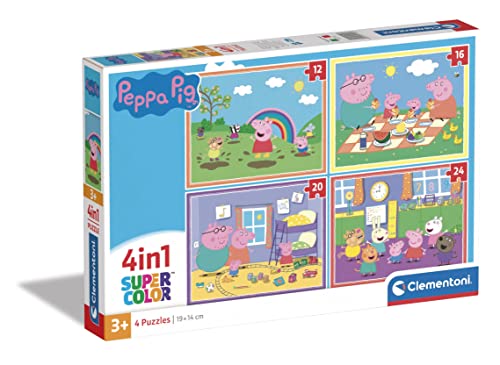 Clementoni Supercolor Peppa Pig-4 12,16,20 e 24 Pezzi Bambini 3 Anni, Puzzle Cartoni Animati-Made In Italy, Multicolore,