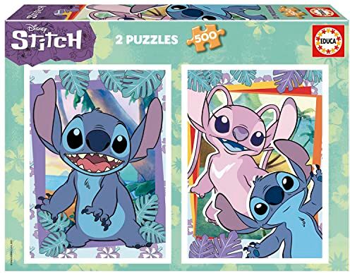 Educa Pacchetto di 2 puzzle con 500 pezzi ciascuno e le immagini di Stitch. Misure: 34 x 48 cm. Include la coda del puzzle Lix. Da 11 anni ()