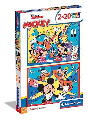 Clementoni - Puzzle Mickey Disney 2x20pzs Supercolor Mickey-2x20 (Include 2 20 Pezzi) -Made in Italy Bambini 3 Anni, Topolino, Cartoni Animati, Multicolore, Medium,