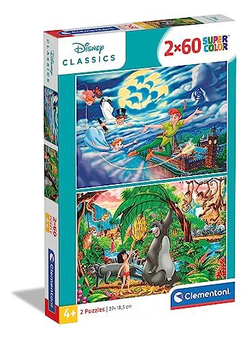 Clementoni Disney Frozen Peter Pan + The Jungle Book Supercolor Classics-2X60 (Include 2 60 Pezzi) Bambini 5 Anni, Puzzle Cartoni Animati-Made In Italy, Multicolore,