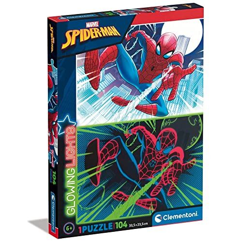 Clementoni - Spider-Man Glowing Lights Collection-Marvel Spiderman, Fluorescente 104 Pezzi-Made in Italy, Bambini 6 Anni, Puzzle Cartoni Animati, Multicolore,
