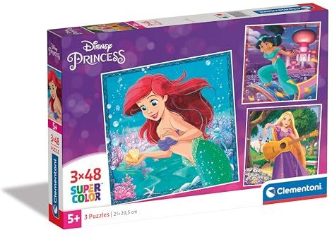 Clementoni - Disney Princess Supercolor Princess-3x48 (Include 3 48 Pezzi) Bambini 5 Anni, Puzzle Cartoni Animati, Made in Italy, Multicolore,