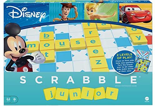 Mattel Scrabble Junior Disney, Il Gioco da Tavolo delle Parole Crociate con 2 Giochi in 1, Tabellone a 2 Lati con Immagini dei Personaggi Disney, per Bambini 6+ Anni,