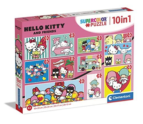Clementoni - Hello Kitty Supercolor 10 in 1-10 Immagini Diverse (3 18, 30, 2 48 e 1 60 Pezzi), Puzzle Bambini 4 Anni, Made in Italy, Multicolore,