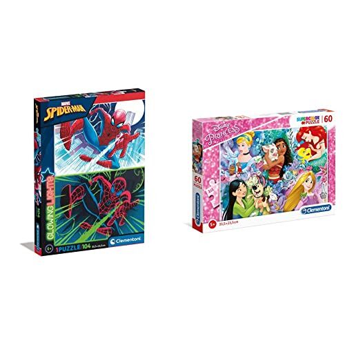 Clementoni - Spider-Man Glowing Lights Collection-Marvel Spiderman, Fluorescente 104 Pezzi-Made in Italy, Bambini 6 Anni, 27555 & 26995 Supercolor Puzzle Disney Princess 60 Pezzi