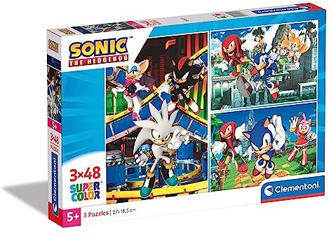 Clementoni - Sonic Supercolor Puzzle-Sonic-3X48 (Include 3 48 Pezzi) -Puzzle Bambini 4 Anni-Made in Italy, Multicolore, One Size,