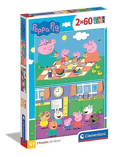 Clementoni - Puzzle Peppa Pig 2x60pzs Does Not Apply Supercolor Pig-2X60 (Include 2 60 Pezzi) Bambini 5 Anni, Cartoni Animati-Made in Italy, Multicolore, M,