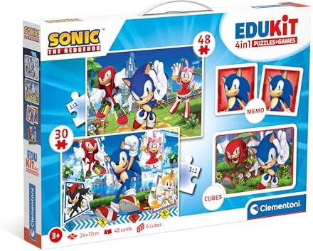 Clementoni Edukit 4 In 1 Sonic Set Giochi Da Tavolo (Memo, Puzzle 30 e 48 Pezzi, 6 Cubi), Educativo 3 Anni, Gioco di Memoria e Logica, Carte Da Accoppiare, Puzzle Bambini, Made In Italy