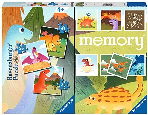 Ravensburger Dinosauri, Memory® 48 Carte + 3 Puzzle Bambino da 25/36/49 pezzi, 4+ Anni