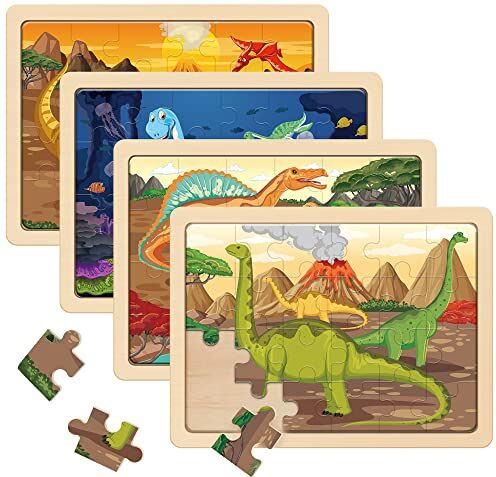 SYNARRY Puzzle Dinosauro in Legno Bambini 3 4 5 6 Anni, 4×24 Pezzi Puzzle Dinosauri, Giocattoli Educativi Prescolari Regali