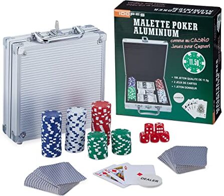 Relaxdays Valigetta da Poker, 100 Chips senza Valore, 2 Mazzi di Carte, 5 Dadi, Dealer, Pokerset, Richiudibile, Argento