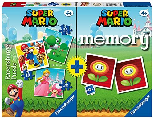 Ravensburger Multipack Super Mario, Memory® 48 Carte + 3 Puzzle Bambino da 25/36/49 pezzi, 4+ Anni