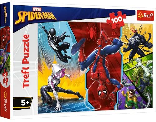 Trefl 100 Elementi, Sottosopra, dai 5 Anni in su Puzzle, Colore, Verkehrt herum Marvel Spiderman,