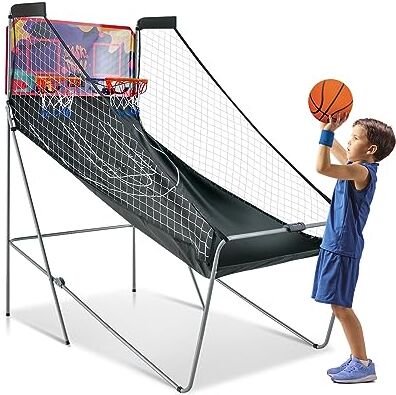 COSTWAY Macchina da Pallacanestro Elettronica, Canestro Basket da Camera a Doppio Tiro Pieghevole con Punteggio Elettronico, 4 Palle, 8 Modalità di Gioco e 2 Canestri (Viola)