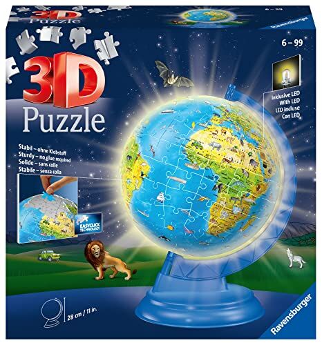 Ravensburger Light Up World Globe 6 anni in su, puzzle 3D, 188 pezzi, non richiede colla, regali educativi per bambini,