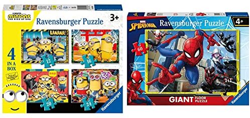 Ravensburger Puzzle Minions, Puzzle 4 in a Box, Età Consigliata 3+, Puzzle per Bambini, Stampa di Alta Qualità, 05060 4 & Spiderman Puzzle, 60 Pezzi Gigante, Colore Multicolore, 03095 8