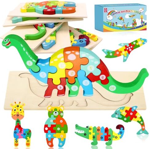 SAMISO Puzzle in Legno per Bambini, 6 Pezzi Animali Giochi Montessori Bambini,3D Legno Giocattoli Bambini,Puzzle Legno Giocattoli Educativi per le Abilità,Giocattoli Animali da Puzzle 1 2 3 4 Anni