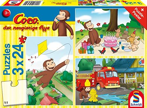 Schmidt Spiele - Coco la Scimmia curiosa, Divertente Puzzle per Bambini, 3 x 24 Pezzi, Multicolore,