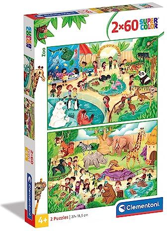 Clementoni Italia Supercolor Puzzle-Zoo-2X60 (Include 2 60 Pezzi) Bambini 5 Anni, Puzzle Cartoni Animati-Made In Italy, Multicolore,