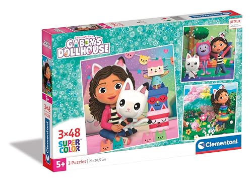 Clementoni - Gabby's Dollhouse Supercolor Dollhouse-3x48 (Include 3 48 Pezzi) Bambini 5 Anni, Puzzle Cartoni Animati, Made in Italy, Multicolore,