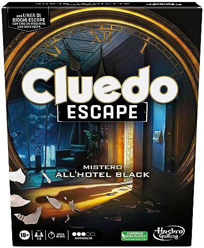 Hasbro Cluedo Escape Mistero all'Hotel Black, gioco da tavolo, gioco in versione escape room da risolvere 1 volta sola per 1-6 giocatori, giochi di mistero cooperativi