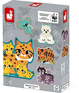 Janod 5 Puzzle Evolutivi Animali da 2-6 Pezzi Gioco Educativo Prima Infanzia Osservazione e Coordinamento Fabbricato in Francia Collaborazione WWF Certificato FSC Da 2 Anni in Su,