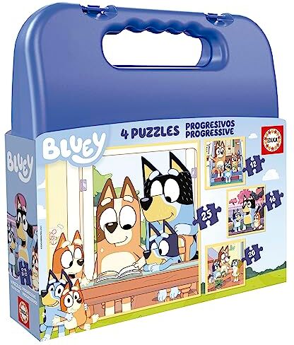 Educa Set di quattro puzzle progressivi da 12 a 25 pezzi con i personaggi di Bluey   Presentato in una valigia magnifica per mantenerli. Consigliamo da 3 anni ()