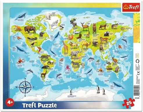 Trefl - Mappa del Mondo con Gli Animali 25 Elementi, per Bambini da 4 Anni Puzzle, Colore