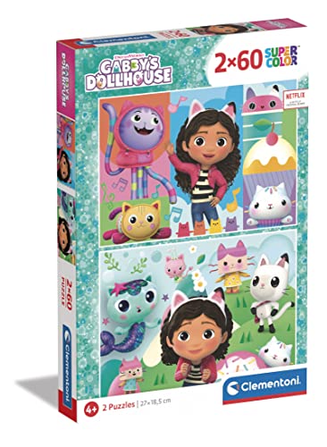 Clementoni - Gabby'S Dollhouse Supercolor Dollhouse-2X60 (Include 2 60 Pezzi) Bambini 5 Anni, Puzzle Cartoni Animati-Made in Italy, Multicolore,