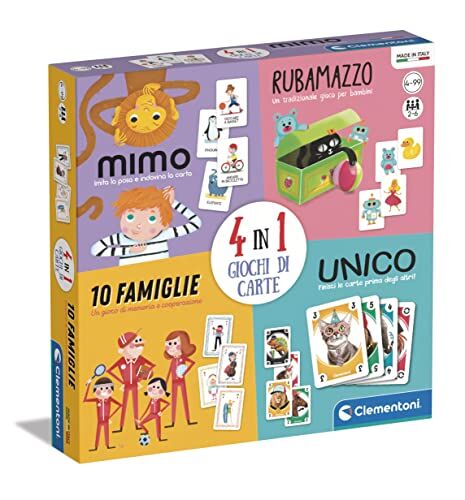 Clementoni - 4 in 1 (Mimo, Unico, Rubamazzo, 10 Famiglie) -Carte 4 Anni (Versione in Italiano), Gioco da Tavolo Bambini, 2-6 Giocatori-Made in Italy, Multicolore,