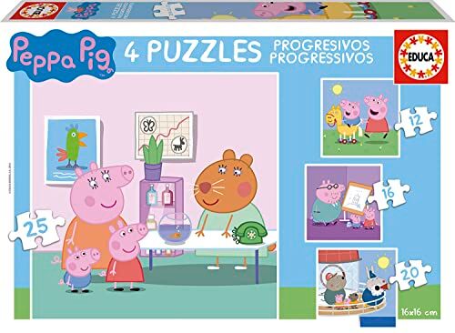 Educa Puzzle progressivi di cartone per bambini   Peppa Pig. Dimensioni: 40 x 28 cm. 4 puzzle da 12 a 25 pezzi. Da 3 anni ()