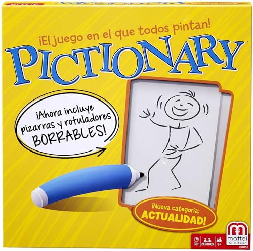 Mattel Pictionary Disegna l'Indizio della Carta e Prova ad Indovinare, Gioco di Carte per Serate in Famiglia e con Amici, con Pennarelli e Lavagnette Inclusi, Versione Spagnola, 8+ Anni, ‎