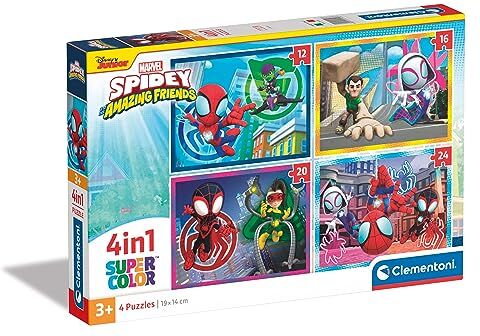 Clementoni Supercolor Marvel Spidey And His Amazing Friends-4 12,16,20 e 24 Pezzi Bambini 3 Anni, Puzzle Cartoni Animati-Made In Italy, Colore Multilingua,