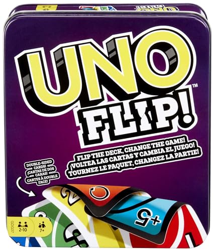 Mattel UNO FLIP! L'elettrizzante variante del mitico gioco di carte per tutta la famiglia in una scatola in metallo, 112 carte fronte/retro e carte speciali FLIP, giocattolo per bambini, 7+ anni,