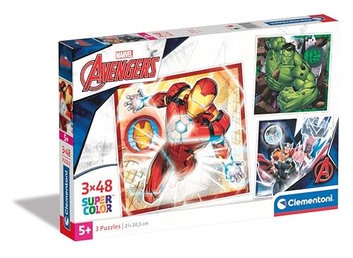 Clementoni - Marvel The Avengers Supercolor Avengers-3x48 (Include 3 48 Pezzi) Bambini 5 Anni, Puzzle Cartoni Animati, Made in Italy, Multicolore,