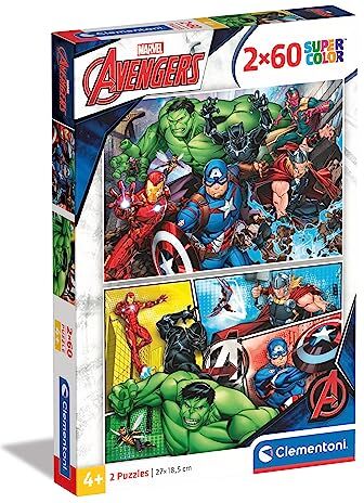 Clementoni Avengers Supercolor Marvel Avengers-2X60 (Include 2 60 Pezzi) Bambini 5 Anni, Cartoni Animati, Puzzle Supereroi-Made In Italy, Multicolore,