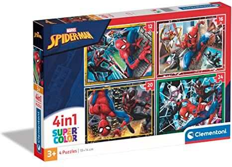 Clementoni Supercolor Marvel Spiderman-4 12,16,20 e 24 Pezzi Bambini 3 Anni, Cartoni Animati, Puzzle Supereroi-Made In Italy, Multicolore,